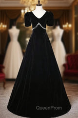 Black Velvet V-neck Short Sleeve Crystal Evening Prom Dresses