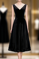 Black Velvet V-neck Short Sleeve Tea Length Evening Prom Dresses