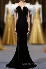 Black Velvet Mermaid Evening Prom Dresses with Feather, Off the Shoulder Long Evening Gown