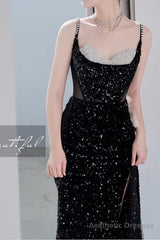 Black Mermaid Sequins Prom Dress Spaghetti Straps Sleeveless Beading Party Gown