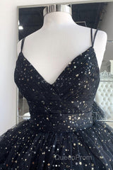 Bling Bling V Neck High Low Black Long Evening Prom Dresses, Fluffy Black Formal Evening Dresses, Ball Gown