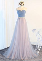 Blue Tulle Long Prom Dresses, A-Line Strapless Evening Dresses