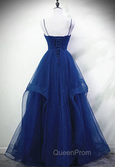 Blue A-line Straps Tulle Layers Long Party Dresses, Blue Long Evening Prom Dresses