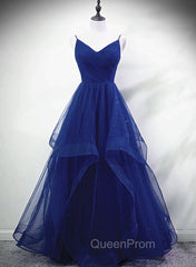 Blue A-line Straps Tulle Layers Long Party Dresses, Blue Long Evening Prom Dresses