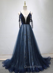 Blue A-line Straps Tulle Long Evening Dresses Party Dresses, Blue Bridesmaid Dresses