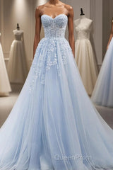 Blue A line tulle lace long Evening Prom Dresses blue lace formal Dresses
