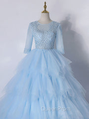 Blue A-Line Tulle Lace Long Evening Prom Dresses, Blue Lace Evening Dresses