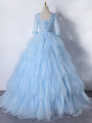 Blue A-Line Tulle Lace Long Evening Prom Dresses, Blue Lace Evening Dresses