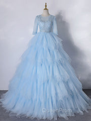 Blue A-Line Tulle Lace Long Evening Prom Dresses, Blue Lace Evening Dresses
