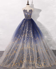 Blue A line Tulle Lace Long Evening Prom Dresses, Tulle Evening Blue Graduation Dresses