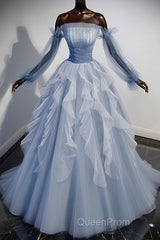 Blue A-Line Tulle Lace Long Evening Prom Dresses, Blue Formal Evening Dresses