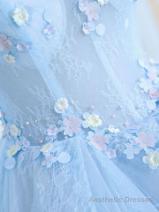 Blue A-Line Tulle Lace Long Prom Dresses, Blue Lace Formal Evening Dresses