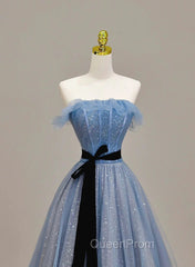 Blue A-Line Tulle Long Party Dresses With Belt, Blue Evening Dresses Evening Prom Dresses