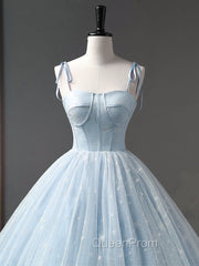 Blue A-Line Tulle Long Evening Prom Dresses, Blue Evening Sweet 16 Dresses