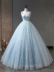 Blue A-Line Tulle Long Evening Prom Dresses, Blue Evening Sweet 16 Dresses