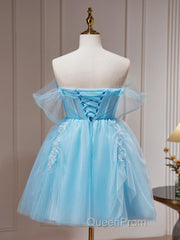 Blue A-line Tulle Short Evening Prom Dresses, Blue Homecoming Dresses