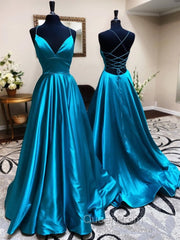 Blue A Line V Neck Backless Satin Long Evening Prom Dresses Open Back Evening Graduation Evening Gowns
