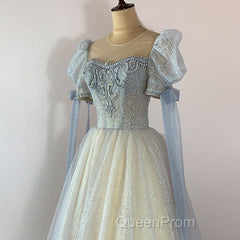 Blue And Champagne Tulle Beaded Shiny Tulle Evening Prom Dresses, A-Line Long Party Dresses