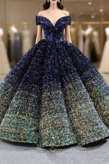 Blue And Green Sequins Off the Shoulder Evening Prom Dresses