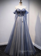 Blue and Grey Tulle Long Sweetheart Party Dresses, Tulle A-line Evening Dresses