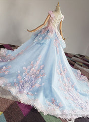 Blue and Pink Ball Gown Tulle with Flowers Sweet 16 Dress, Blue Formal Dress