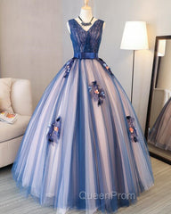 Blue and Pink Flower Lace Applique V-neckline Sweet 16 Gown, Floor Length Evening Dresses