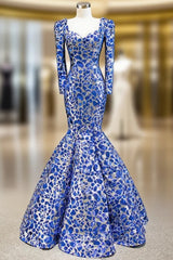 Blue And Silver Sequins Mermaid Long Sleeve Square Evening Prom Dresses