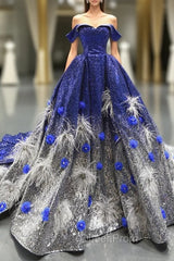 Blue And White Sequins Off The Shoulder Backless Appliques Haute Couture Evening Prom Dresses