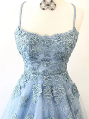 Blue Backless Lace Evening Prom Dresses, Open Back Blue Lace Evening Graduation Dresses