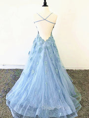 Blue Backless Lace Evening Prom Dresses, Open Back Blue Lace Evening Graduation Dresses