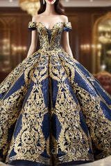 Blue Ball Gown Gold Sequins Off the Shoulder Deep V-neck Evening Prom Dresses