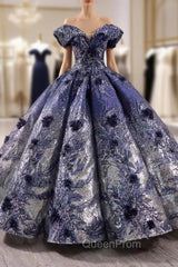 Blue Ball Gown Sequins Appliques Off the Shoulder Evening Prom Dresses