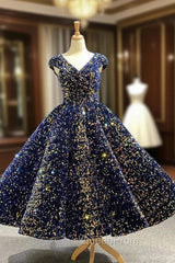 Blue Ball Gown Sequins V-neck Cap Sleeve Evening Prom Dresses