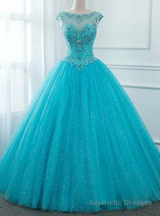 Blue Ball Gown Tulle Backless Long Quinceanera Dresses With Crystal