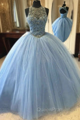 Blue Ball Gown Tulle Beaded Halter Backless Sweet 16 Evening Prom Dresses