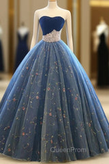 Blue Ball Gown Tulle Floor Length Strapless Princess Quinceanera Dresses