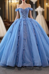Blue Ball Gown Tulle Off the Shoulder Sequins Appliques Evening Prom Dresses