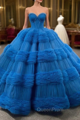 Blue Ball Gown Tulle Pink Tulle Pleats Beading Evening Prom Dresses