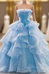 Blue Ball Gown Tulle Strapless Pleats Wedding Dresses