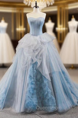 Blue Ball Gown Tulle Sweetheart Sleevelss Princess Evening Prom Dresses With Train