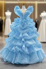 Blue Ball Gown Tulle Tiers See Through V-neck Evening Prom Dresses