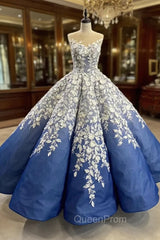 Blue Ball Gown White 3D Appliques Evening Prom Dresses