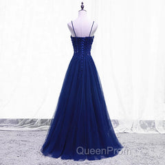 Blue Beaded Straps A-line Tulle New Evening Prom Dresses Party Dresses, Blue Floor Length Party Dresses