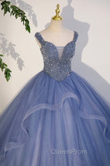 Blue Beaded Tulle Long A-Line Evening Prom Dresses, Blue Evening Dresses