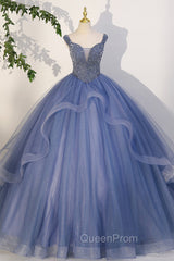 Blue Beaded Tulle Long A-Line Evening Prom Dresses, Blue Evening Dresses