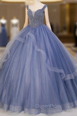 Blue Beaded Tulle Long A-Line Evening Prom Dresses, Blue Evening Dresses