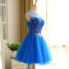 Blue Beaded Tulle Short Cute Homecoming Dresses, Blue Short Party Dresses Evening Prom Dresses