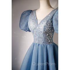 Blue Beaded Tulle Short Sleeves Evening Dresses, Blue Homecoming Dresses Evening Prom Dresses