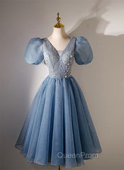 Blue Beaded Tulle Short Sleeves Evening Dresses, Blue Homecoming Dresses Evening Prom Dresses
