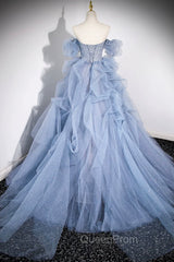 Blue Cascading Ruffles Long Evening Prom Dresses, A-Line Strapless Short Sleeve Sweep Train Evening Dresses